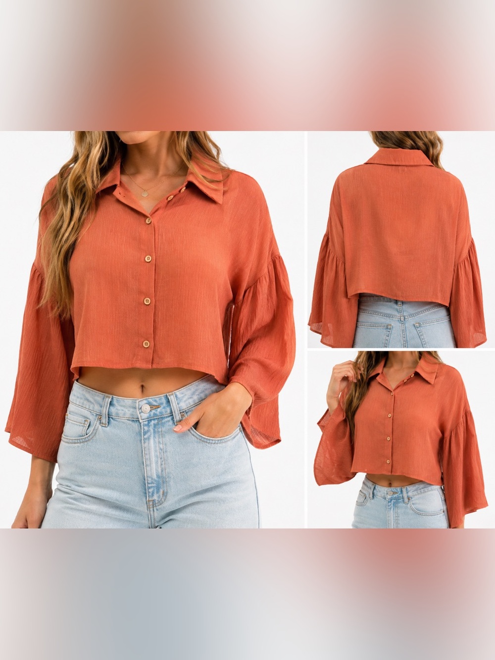 HYFVE Rust Button-Front Cropped Blouse